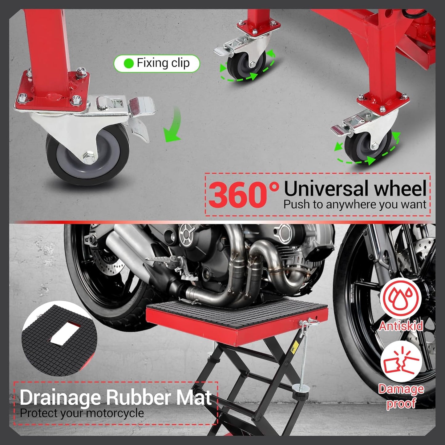 Hydraulic 350LBS Motorcycle Lift Jack - Foot-Pump Scissor Lift Table with Safety Lock, Wheels & Oil Drain Hole - Height Adjustable 13.78-34.25" for ATV, Dirt Bike, Cruiser Maintenance Red