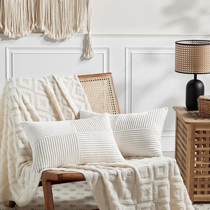 Fancy Homi 2 Packs Cream White Lumbar Decorative Throw Pillow Covers 14x22 Inch for Living Room Couch Bed Sofa, Rustic Farmhouse Boho Home Decor, Soft Striped Corduroy Rectangle Accent Cushion Case