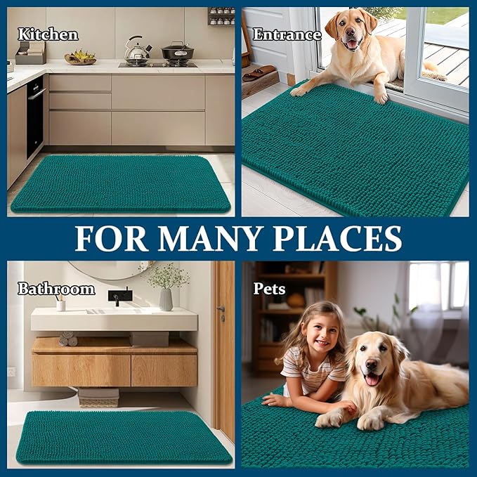 OLANLY Dog Door Mat for Muddy Paws 70x35, Absorbs Moisture and Dirt, Absorbent Non-Slip Washable Doormat, Quick Dry Chenille Mud Mat for Dogs, Entry Indoor Entryway Carpet for Inside Floor, Lake Blue