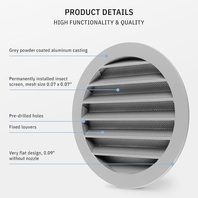 calimaero® WSGG 6" Inch Gray Round Metal Air Vent Grill Cover Flat Louver - Image 4