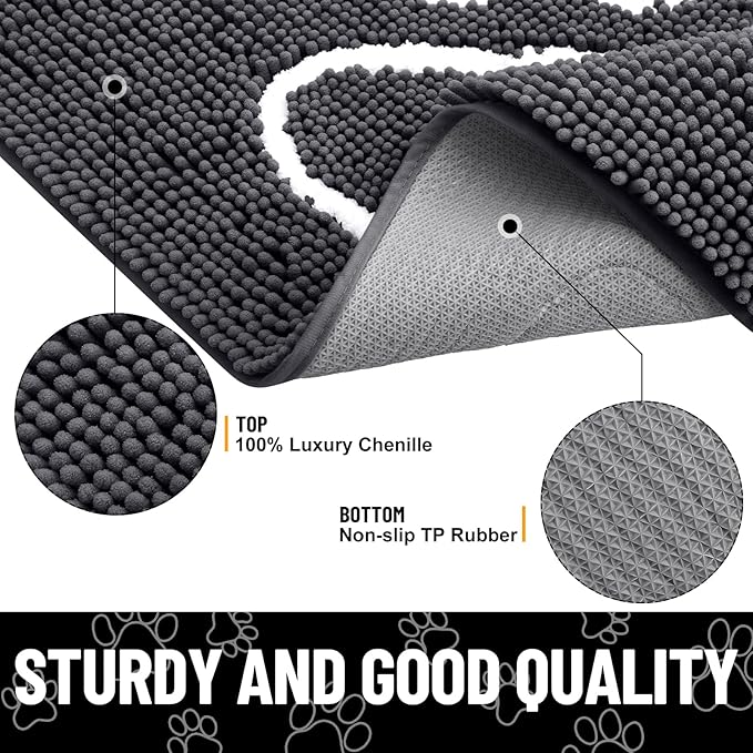 Smiry Dog Door Mat for Muddy Paws, Absorbent Dirt Trapper Non Slip Quick Dry Washable Chenille Mat for Mud Dogs, Entry Rug for Indoor and Outdoor (54x32 Inches, Dark Grey and White)