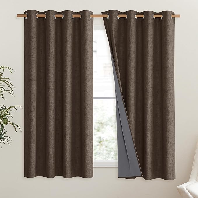 NICETOWN Coffee Vintage Linen 100% Blackout Curtains for Living Room, Thermal Insulated Curtains 48" Long, Noise Reducing Window Treatment Drapes for Hall Room, 52" Wide Per Panel, Set of 2