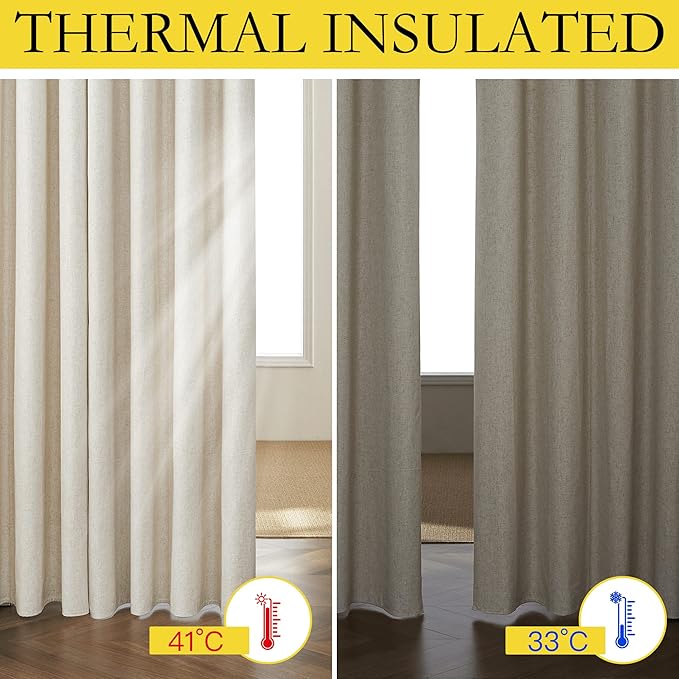 NICETOWN 100% Blackout Natural Linen Curtains 95 inches Length for Dining Room, 2 Panels Set, 62" Wide, Farmhouse Style Room Cooling Window Draperies with Thermal Insulated Liners