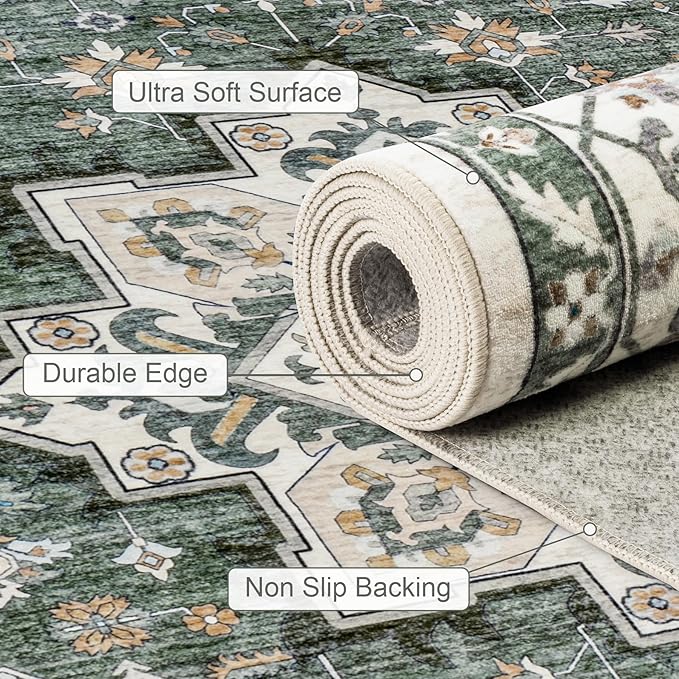 4x6 Area Rugs for Living Room: Washable Rug Soft Vintage Boho Medallion Carpet Indoor Non-Slip Stain Resistant Large Carpets for Bedroom Dining Room Farmhouse Nursery Home Office Green Ivory