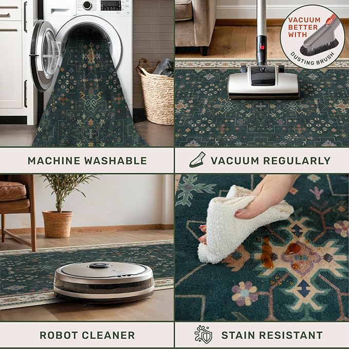 Hazo Haus Vintage 2x7 Washable Runner Rug Non Slip for Kitchen, Bathroom, Hallway - Low Pile Stain Resistant 7ft Long Runner Rugs - Victorian Eclectic Floral Pastel Home Decor (2x7 Dark Green)