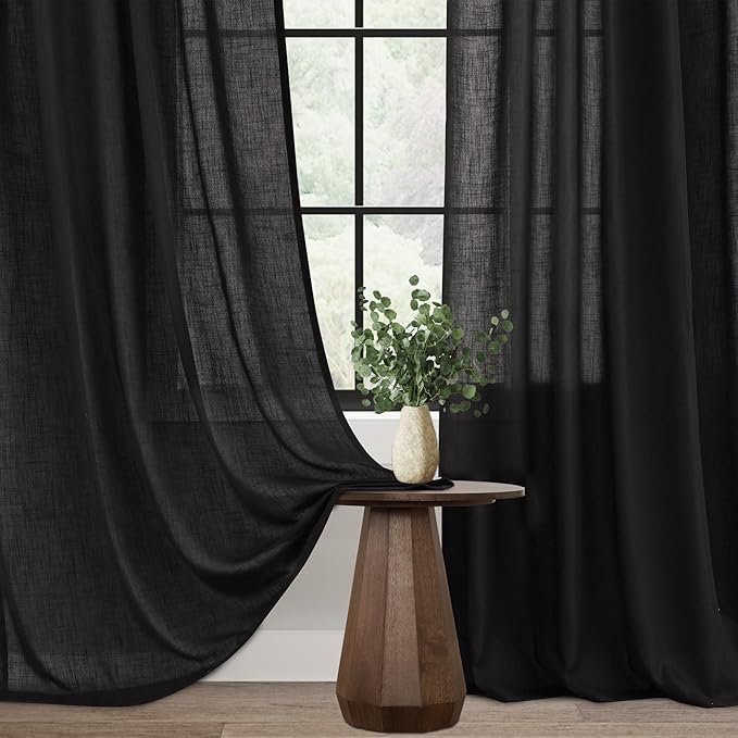 Black Linen Curtains 72 inches Long for Bedroom Back Tab Light Filtering Privacy Semi Sheer Black Curtains Living Room Boho Rustic Farmhouse Cotton Textured Gauze Curtain 2 Panel Set