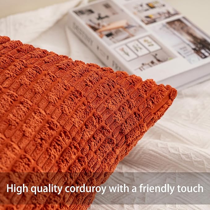 Pack of 2 Corduroy Decorative Throw Pillow Covers 24x24 InchSoft Striped Pillow Covers Modern Farmhouse Home Decor for Sofa Living Room Couch Bed（Rust）