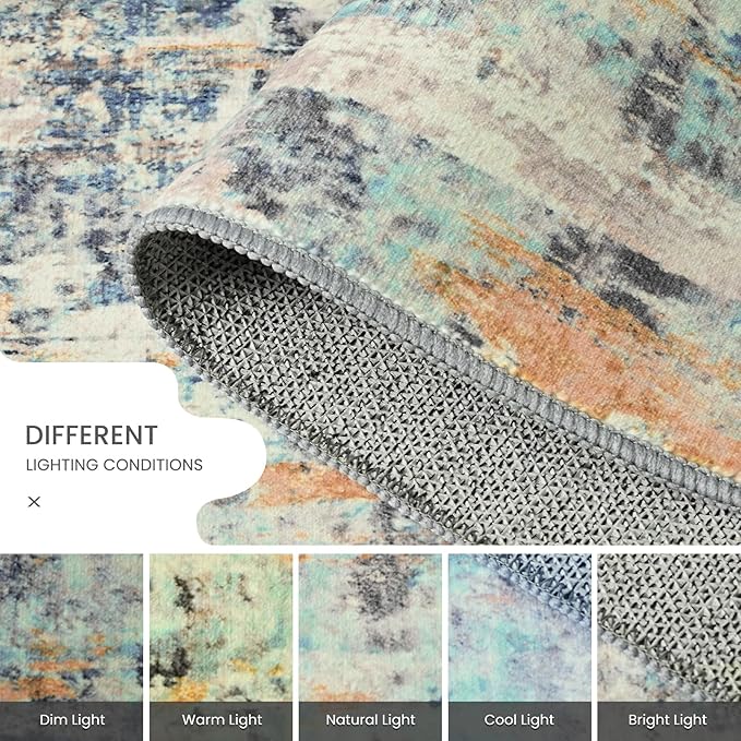 Area Rug 4x6 Blue Rug Washable Boho Rugs Non Slip Low Pile Abstract Small Carpet for Entryway, Bedroom, Kitchen, Classroom, Kids Room, Office, Dorm, Dining Room