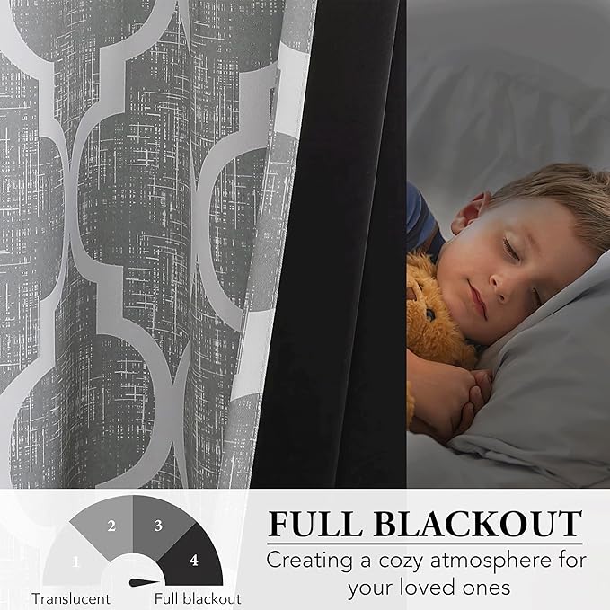 Beauoop 100% Blackout Curtains 63 Inches Long 2 Panels for Bedroom Living Room Grey Moroccan Geo Room Darkening Thermal Insulated Soundproof Rod Pocket Back Tab Window Treatments Drapes, 50x63