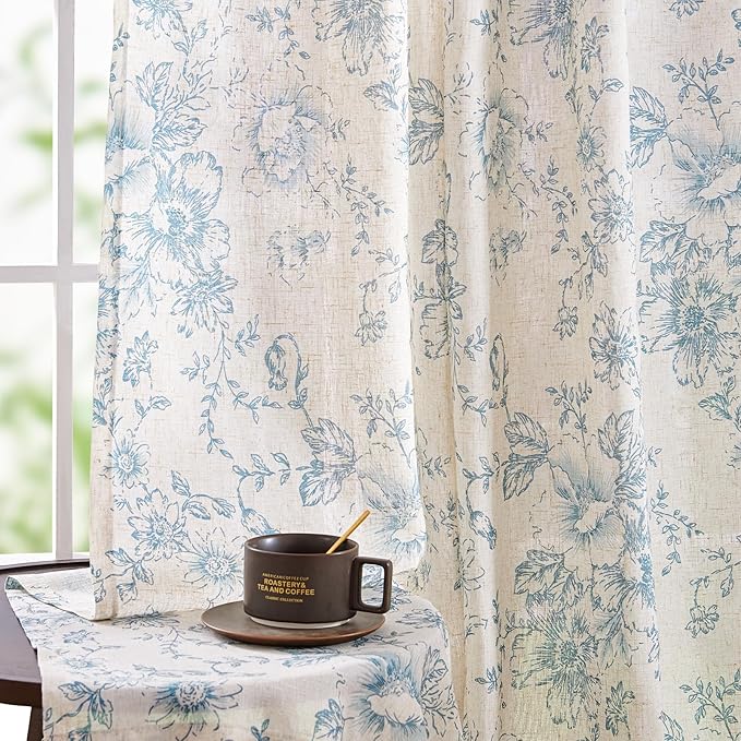 jinchan Linen Blend Curtain Floral Curtains for Living Room 54 Inch Length Blue Printed Curtain Rod Pocket Back Tab Farmhouse Peony Flower Patterned Drapes Bedroom Window Curtains Set 2 Panels