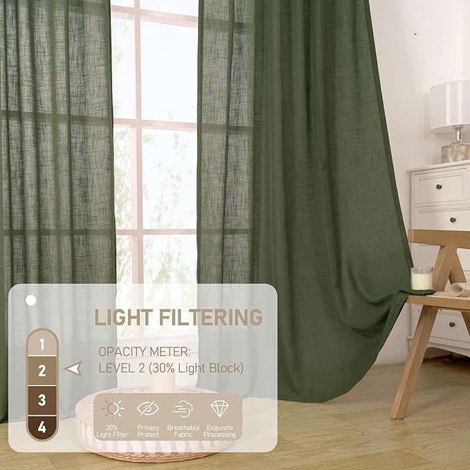 LAMIT Olive Green Light Filtering Linen Curtains 54 inches Long for Bedroom, Linen Textured Semi Sheer Back Tab and Rod Pocket Christmas Drapes for Living Room, 2 Panels, 52 x 54 Inch