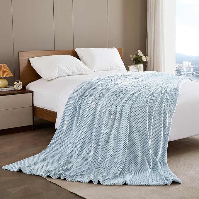 Exclusivo Mezcla Fleece Bed Blanket King Size, Super Soft and Warm Blankets for Couch, Sofa and Bed Waffle Textured, Cozy, Fuzzy and Lightweight (Heather Slate Blue, 90x104 Inches)