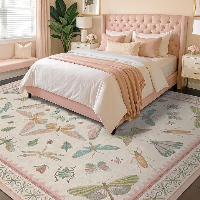 Hazo Haus Cute Rugs for Bedroom Girls - Pink Living Room Rugs 8X10, Dining Room Table, Washable Pastel Flower Insect Print Whimsical Décor