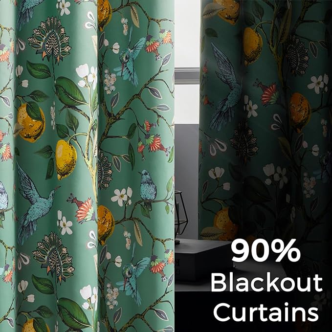 Topfinel Floral Two Pages Curtains 84 Inches Long Drapes,Vintage French Country Grommet Botanical Hummingbird Woodland Jungle Victorian Patterned Sage Green Lemon Drapes for Bedroom Dining Living Room
