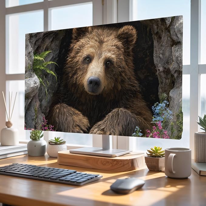 Brown Bear Rustic Wildflowers Cave Indoor TV Cover, Elastic TV Screen Protector - Image 4