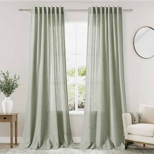 Sage Curtains 90 inches Long 2 panels for Living Room Back Tab Rod Pocket Semi Sheer Linen Draperies Muted Neutral Sage Green Room Decor Earth Tone Pale Green Curtains for Diningroom Bedroom Office