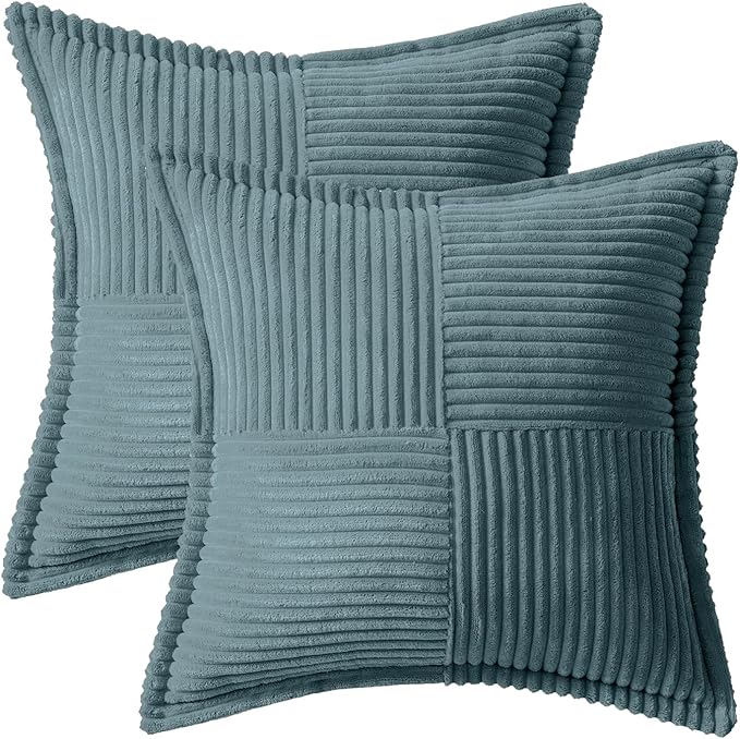 MIULEE Decorative Throw Pillow Covers for Couch Bed Livingroom 18x18 Inch Set of 2 Dusty Blue Boho Accent Throw Pllows Broadside Striped Patchwork Soft Corduroy Summer Coastal Pillowcases