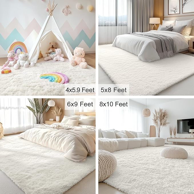OLANLY 4x12 Area Rugs for Living Room Bedroom, Machine Washable Soft Fluffy Shaggy Bedside Rug, Indoor Floor Carpet for Kids Girls and Boys, Dorms, Nursery Rooms, Home Decor Aesthetic, Ivory
