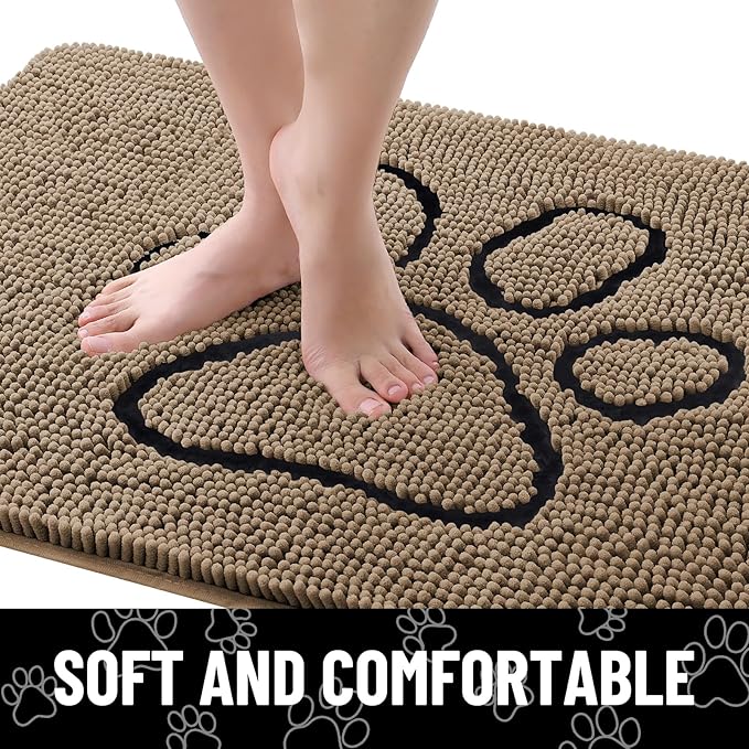 Smiry Dog Door Mat for Muddy Paws, Absorbent Dirt Trapper Non Slip Quick Dry Washable Chenille Mat for Mud Dogs, Entry Rug for Indoor and Outdoor (59x24 Inches, Camel and Black)