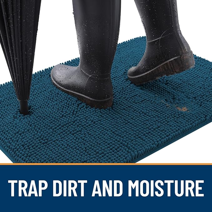 OLANLY Dog Door Mat for Muddy Paws 50x30, Absorbs Moisture and Dirt, Absorbent Non-Slip Washable Doormat, Quick Dry Chenille Mud Mat, Entry Indoor Entryway Carpet for Inside Floor, Atlantic Blue