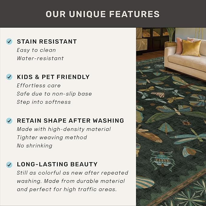 Green and Black Entryway Rug - 3x5 Throw Rug for Large Kitchen, Entry Way, Mudroom, Dark Unique Insect Print, Washable Low Pile Floor Carpet