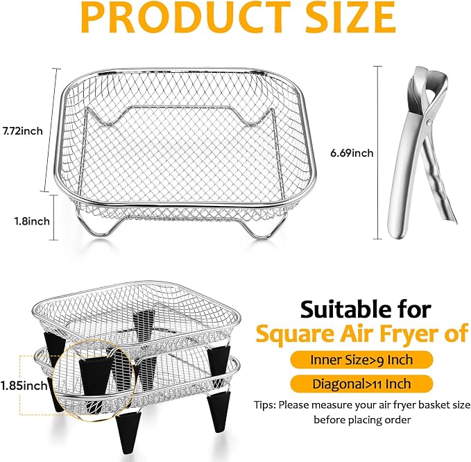 TeamFar Square Air Fryer Rack, 7.72" Stainless Steel Stackable Air Fryer Basket - Image 2
