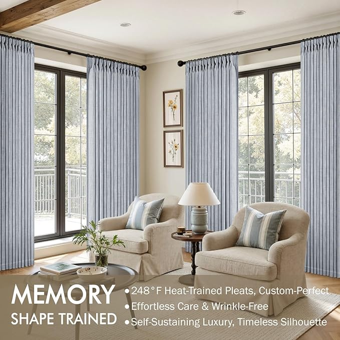MIULEE Pinch Pleated Thick Linen Curtains 108 Inches Length 2 Panels for Living Room Bedroom, Extra Long Pinch Pleat Drapes Back Tab Light Filtering Light Blue Foor to Ceiling Curtains with Hooks