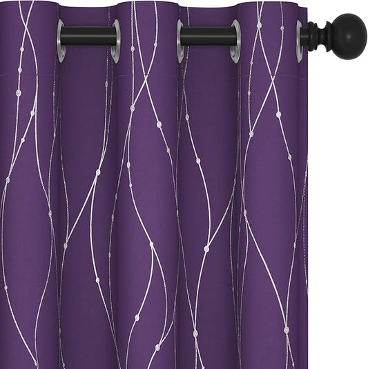 Deconovo Short Purple Curtains, Blackout Drapes with Wave Line Silver Print, 38 x 45 Inches Long, Thermal Insulated Panel, Grommet Top, Machine Washable, Set of 2 Panels for Kitchen Nursery Bedroom