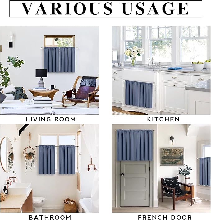RYB HOME Short Blackout Curtains for Bedroom, Room Darkening Insulated Summer Heat Light UV Blocking Energy Saving Drapes for Nursery, Width 34 by Length 45, Stone Blue, Set of 2