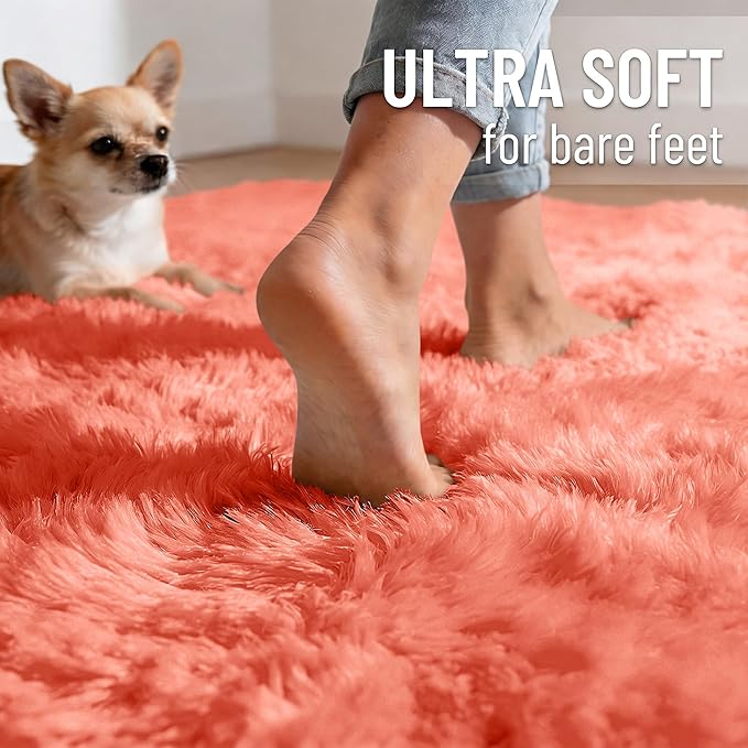 OLANLY 6x9 Machine Washable Large Area Rugs for Living Room, Bedroom, Soft Fluffy Shaggy Bedside Rug, Indoor Floor Carpet for Kids Girls and Boys, Dorms, Nursery, Home Decor Aesthetic, Coral Red