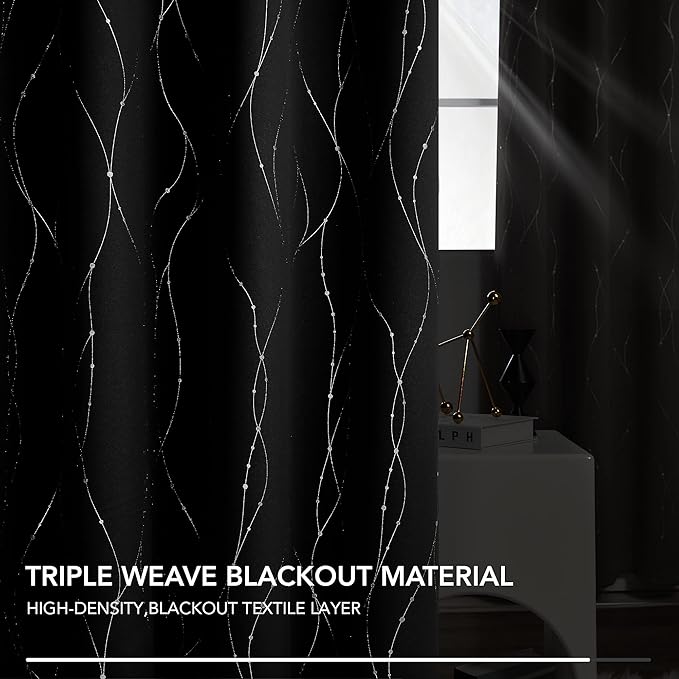 Deconovo Short Blackout Curtains, Black Drapes, Thermal Insulated Soundproof Grommet Curtain, Wave Line Dot Foil Print, 52 x 54 Inch, 2 Panels, Machine Washable Window Panel for Small Windows Kitchen