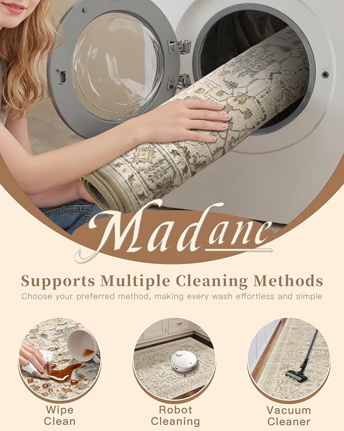 Madane Washable Runner Rug - 2x6 Rug Runners for Hallways 6 Foot Non Slip Vintage Kitchen Runner Rug Ultra-Thin Bathroom Runner Rugs Carpet Laundry Room Bedroom (2x6ft, Beige/Blue)