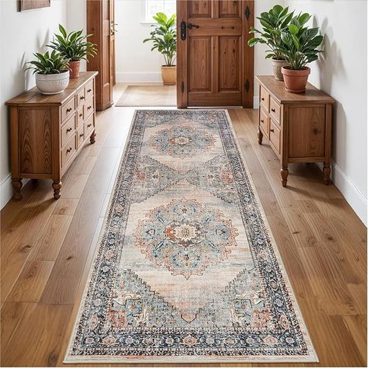 TOPRUUG Washable Runner Rug 3x8 - Hallway Runner Rug Kitchen Rugs and Mats Non Skid Washable Waterproof Carpet Runner for Living Room Bedroom Bathroom (Blue, 3X8)