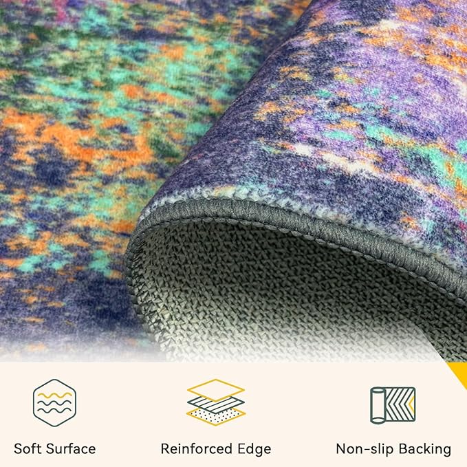 Washable Area Rugs 4'x6' Non-Slip Modern Abstract Soft for Living Room Entryway Bedroom Nursery, Print Pattern, Purple Orange Blue Green Rust Red Colorful