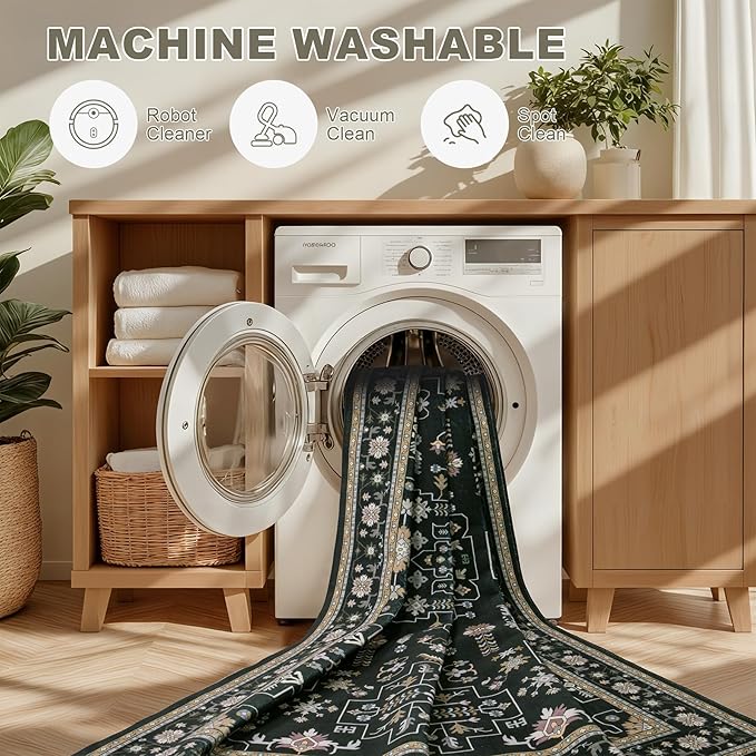 2x3 Area Rugs Living Room Rug: Washable Vintage Boho Medallion Rug No Slip Stain Resistant Soft Carpet Indoor Floor Large Carpets for Bedroom Dining Room Farmhouse Nursery Hallway Home Office Black