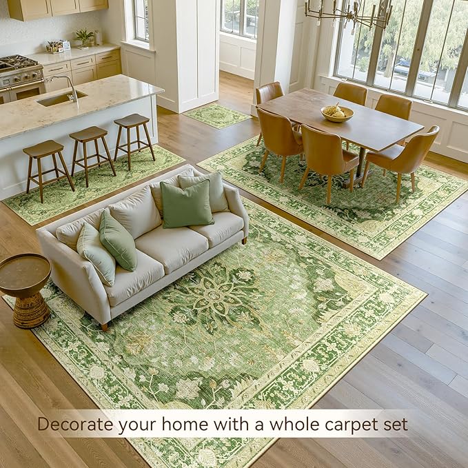 Area Rugs 2'x8' Runner Rug Non Slip Washable for Kitchen Hallway Bedroom Beside Laundry Room Bathroom Rug, Floor Carpet, Sage Green Yellow