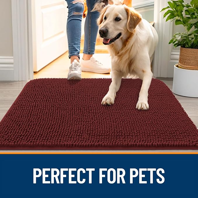 OLANLY Dog Door Mat for Muddy Paws 48x30, Absorbs Moisture and Dirt, Absorbent Non-Slip Washable Doormat, Quick Dry Chenille Mud Mat, Entry Indoor Entryway Carpet for Inside Floor, Caramel Russet