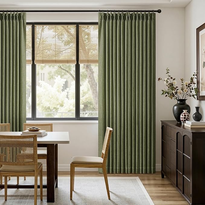 MIULEE Olive Green Pinch Pleated Thick Linen Curtains 108 Inches Long 2 Panels Set for Living Room Bedroom, Linen Texture Drapes Pleat Semi Sheer Moss Green Foor to Ceiling Curtains with Hooks&Rings