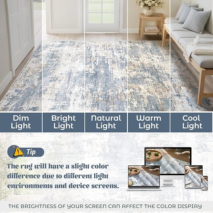 XLUEZ 5x7 Area Rugs for Living Room, Washable Modern Abstract Large Area Rug Neutral Soft Non Slip Kids Rug Stain Resistant Indoor Carpet for Bedroom Nursery Dining Room Playroom(Blue, 5'x7')