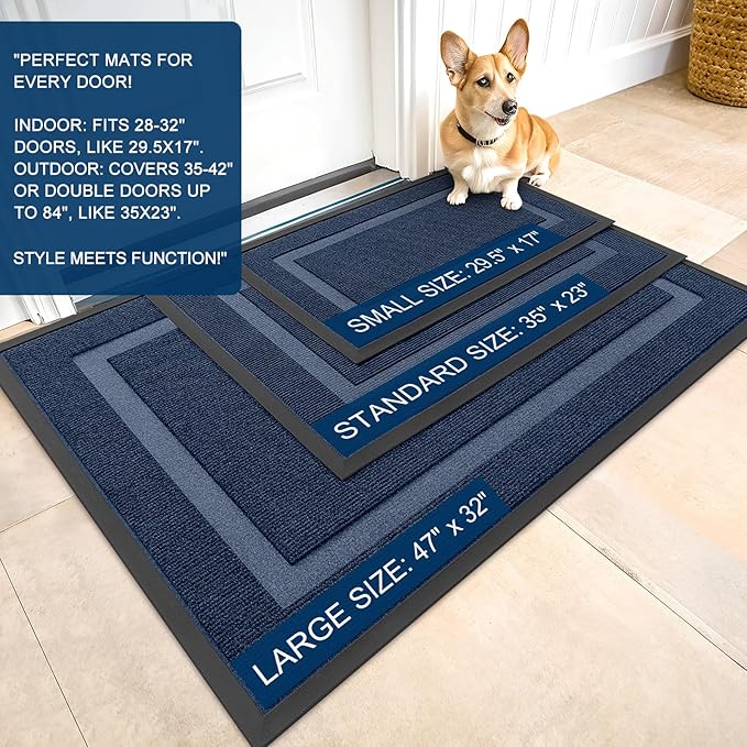 OLANLY Front Door Mat Indoor Outdoor Entrance, Waterproof All-Season, All-Weather Doormat, Sturdy Natural Rubber, Fade Resistant, Low Profile, Easy Clean Patio Porch Entryway Mat, 59x20, Blue