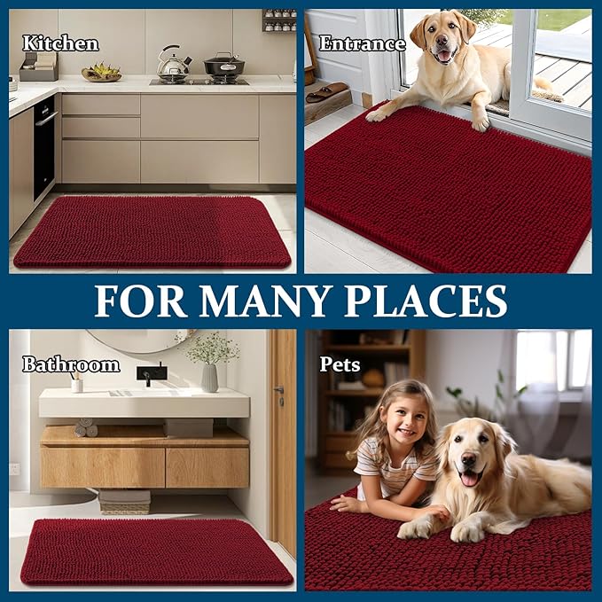 OLANLY Dog Door Mat for Muddy Paws 70x46, Absorbs Moisture and Dirt, Absorbent Non-Slip Washable Doormat, Quick Dry Chenille Mud Mat for Dogs, Entry Indoor Entryway Carpet for Inside Floor, Red