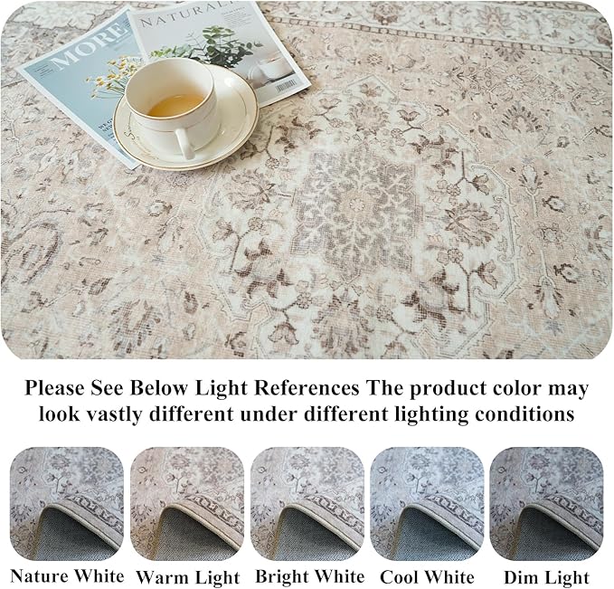 Washable 5x5 Square Area Rugs: Indoor Non-Slip Entryway Kitchen Rugs Oriental Stain-Resistant Bathroom Laundry Floor Mat Water Resistant Light Weight Carpet for Living Room Bedroom Nursery(5x5,Beige)