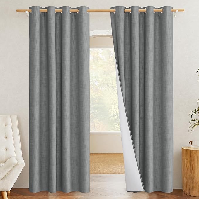 NICETOWN 100% Absolutely Blackout Linen Curtains with Thermal Insulated White Liner, Dove Grey, W52, 2 Pieces, Noise Reducing Textured Linen Look Curtains for Windows 102 inch Length for Classroom