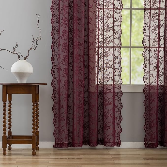 YJ YANJUN Vintage Lace Curtains 84 Inches Long- Elegant Floral Maroon Sheer Curtains Timeless Christmas Burgundy Drapes for Living Room Bedroom Privacy 7 FT 52W x 84L (Set of 2) Deep Merlot