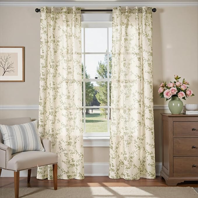 Lazzzy Floral Linen Curtains Farmhouse Extra Long Curtain for Living Room Bedroom Light Filtering Vintage Rod Pocket Back Tab Drapes for Home, 2 Panels, Green on Beige, W38 X L108