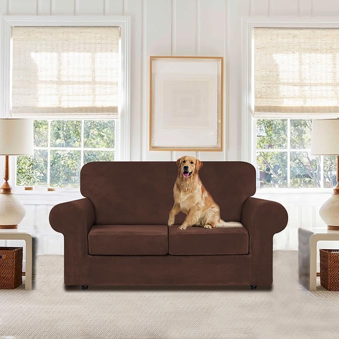 WEERRW Velvet Couch Covers for 2 Cushion Couch Sofa - High Stretch Luxury Velvet Plush 3 Pieces Sofa Slipcovers with Elastic Bottom, Furniture Protector for Pets, Machine Washable, Chocolate, Medium
