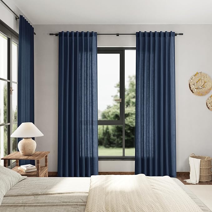 Nanspring Denim Blue Linen Curtains 90 Inch Long 2 Panels Set for Bedroom Living Room Denim Blue Linen Textured Window Drapes Semi Sheer Light Filtering Rod Pocket Back Tab Farmhouse Curtain 52x90