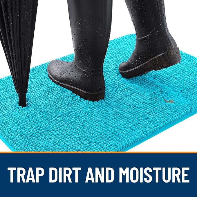 OLANLY Dog Door Mat for Muddy Paws 30x17, Absorbs Moisture and Dirt, Absorbent Non-Slip Washable Doormat, Quick Dry Chenille Mud Mat for Dogs, Entry Indoor Entryway Carpet for Inside Floor, Aqua Blue