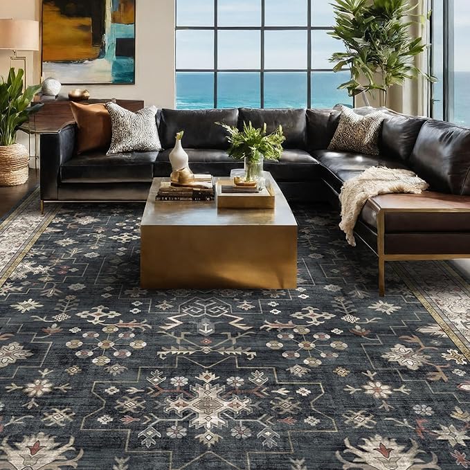 Hazo Haus Boho Dining Room Rugs for Under Table - Washable Black Area Rug for Living Room, Low Pile Non-Slip Rugs for Bedroom, Office - Charming Geometric Decor & Stain Resistance - 6x8 Black/Multi