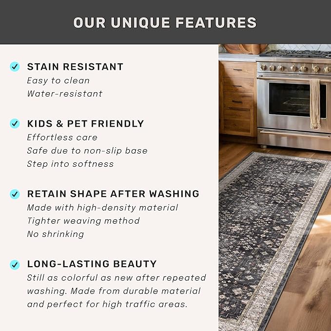 Hazo Haus Boho Dining Room Rugs for Under Table - Washable Black Area Rug for Living Room, Low Pile Non-Slip Rugs for Bedroom, Office - Charming Geometric Decor & Stain Resistance - 6x8 Black/Multi